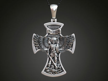 925 Silver Cross Saint Michael the Archangel with Prayer Pendant Necklace Unisex
