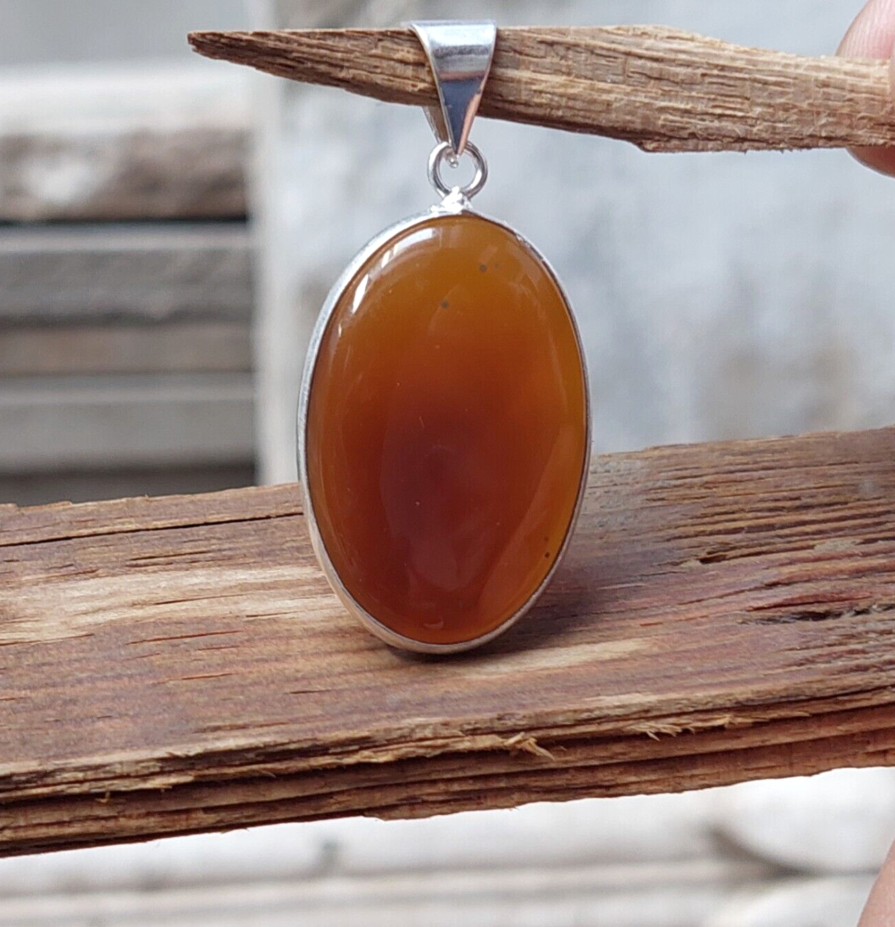 Antique 925 Sterling Silver Orange Montana Agate Oval Shaped Handmade Pendant