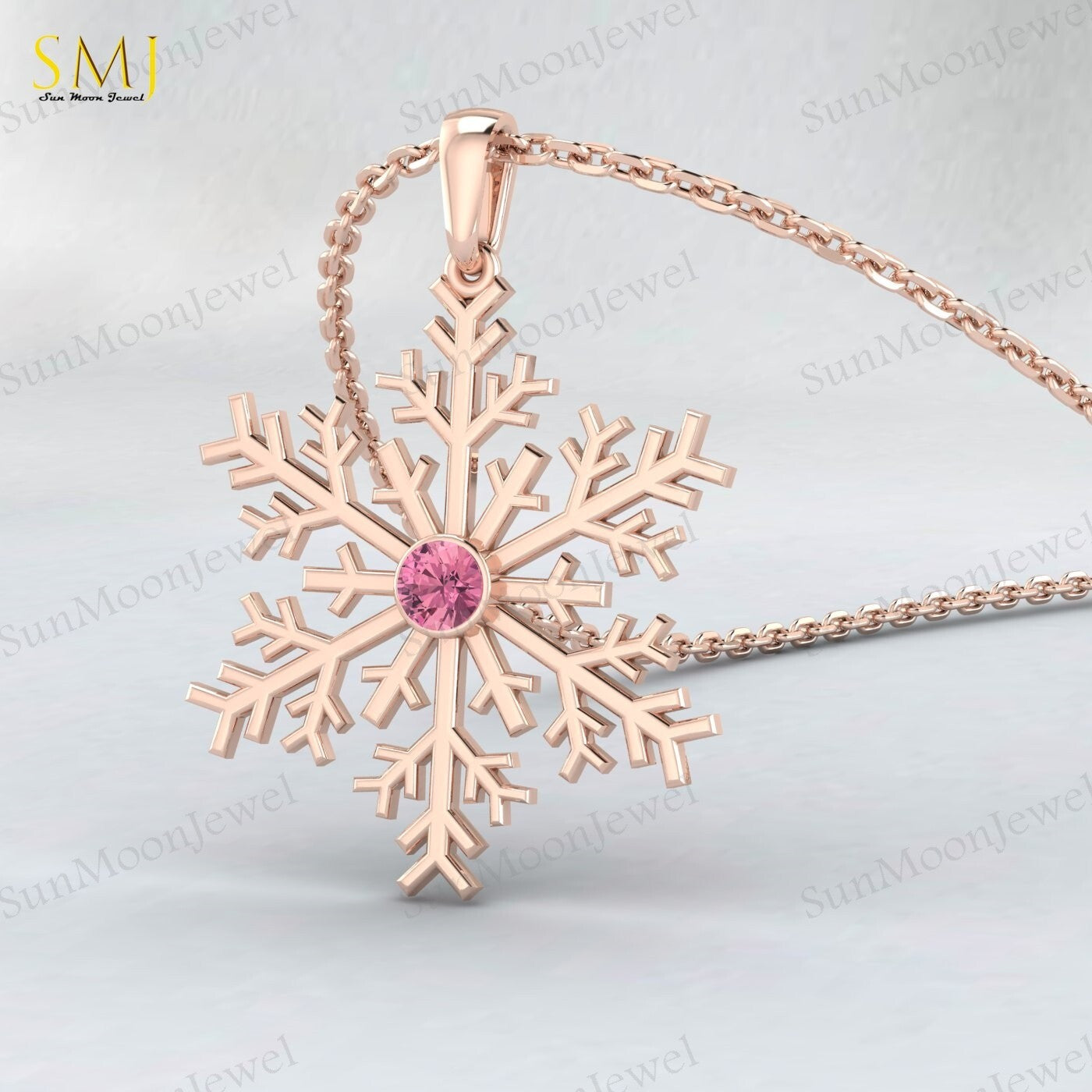 Pink Tourmaline Snowflake Necklace 925 Sterling Silver For Women Frozen Winter