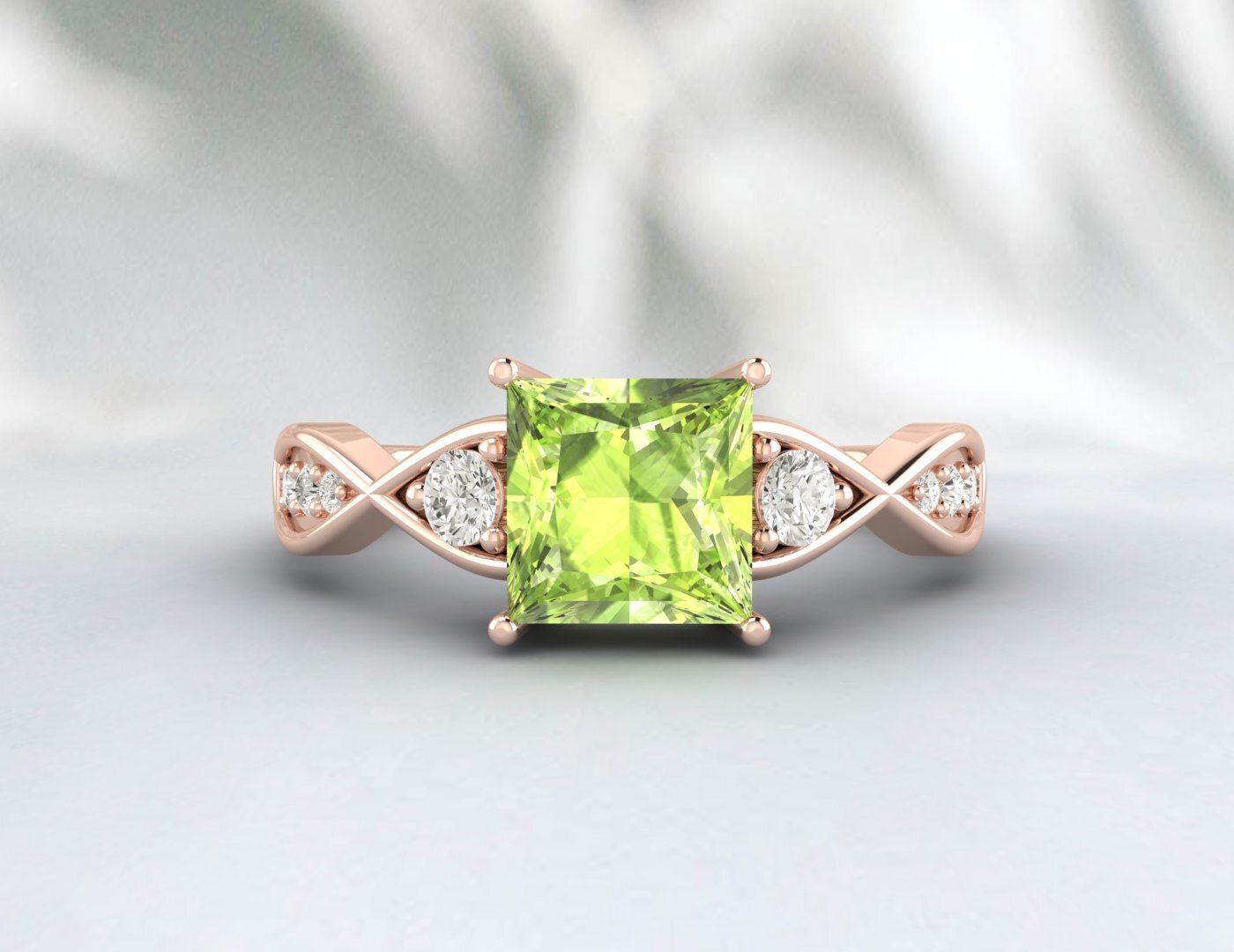Natural Princess Cut Green Peridot Gemstone Ring Silver Engagement Ring US5~15