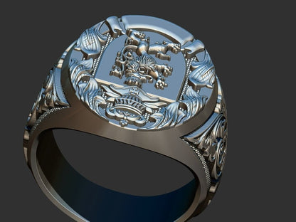 Lion And Roosters Coat of Arms Signet Silver 925 Men's Ring US7-15 Animal Lover