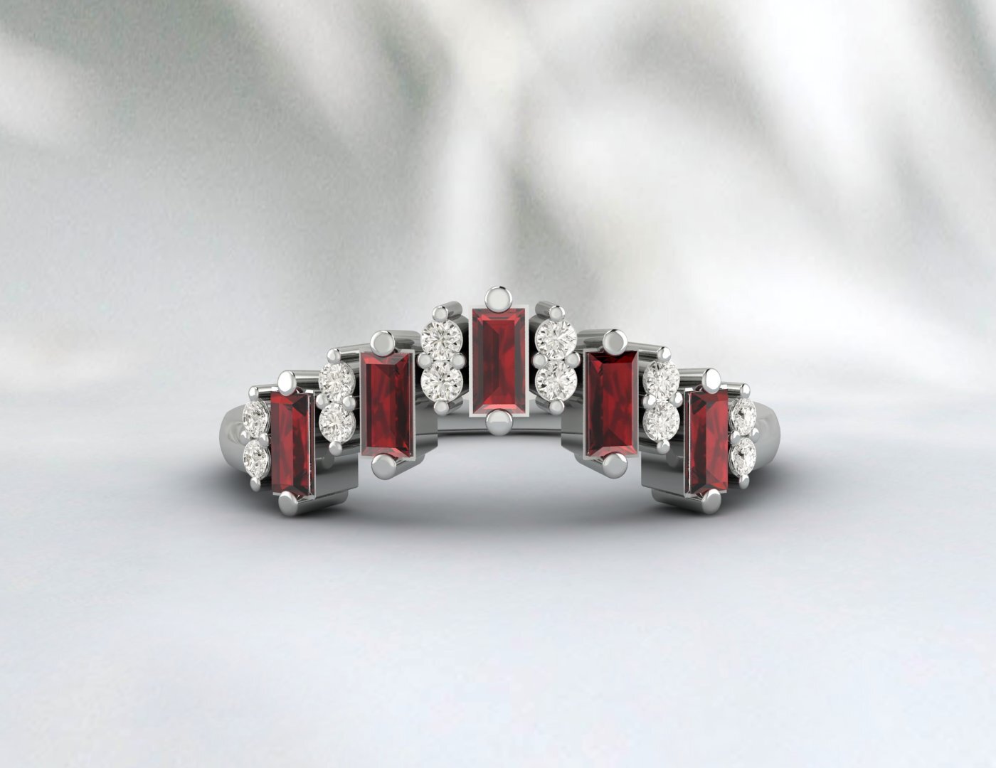 Natural Baguette Red Garnet Crown Wedding Band Fine Silver Daimond Stacking Band