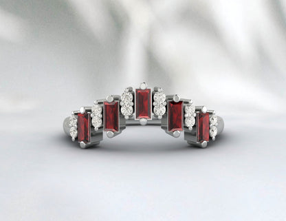 Natural Baguette Red Garnet Crown Wedding Band Fine Silver Daimond Stacking Band