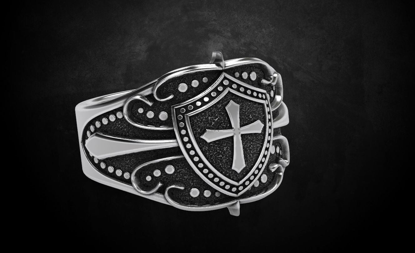 Crusader Shield Ring Silver Cross Religious Jewelry for Him US 7-15 Unisex Gift