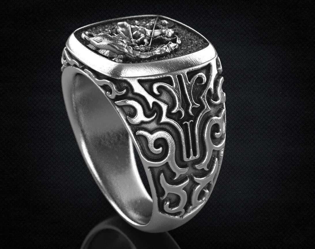 St Saint Michael Archangel Ring Sterling Silver Signet US5-15 Protection Unisex