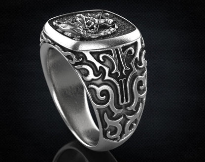 St Saint Michael Archangel Ring Sterling Silver Signet US5-15 Protection Unisex