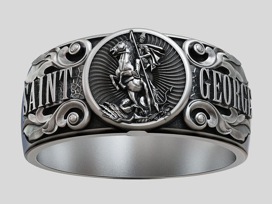 925 Silver St George Warrior Dragon Signet Ring Religious Men Women Ring US5-15