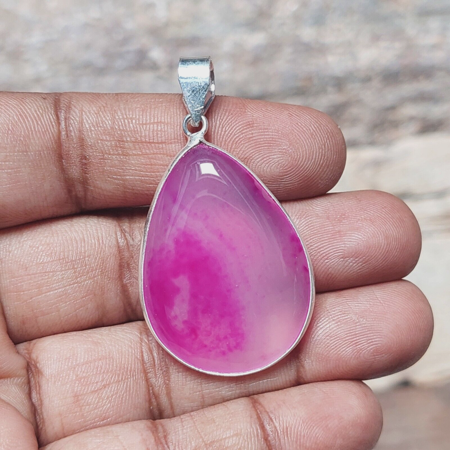 Natural Pink Banded Agate Gemstone Pendant Necklace 925 Sterling Silver Pendant
