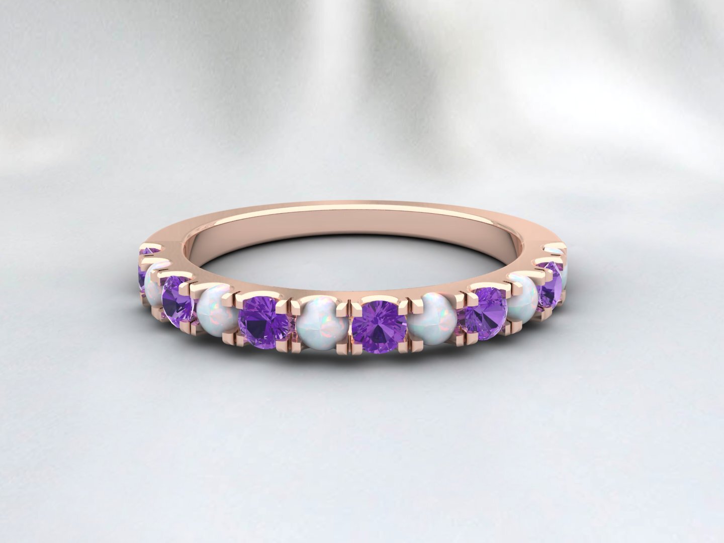 Natural Round Opal And Amethyst Half Eternity Band Fine Silver Wedding Band
