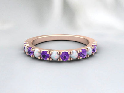 Natural Round Opal And Amethyst Half Eternity Band Fine Silver Wedding Band