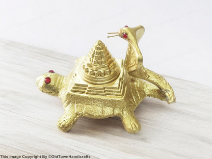 Vastu Brass Shri Yantra on Turtle with Naag Feng Shui Tortoise for Good Luck