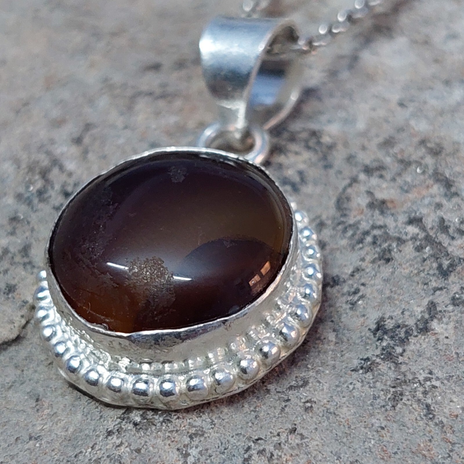 925 Sterling Silver Round Shape Brown Agate Pendant Only Pendant For Women