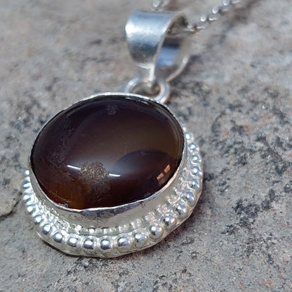 925 Sterling Silver Round Shape Brown Agate Pendant Only Pendant For Women