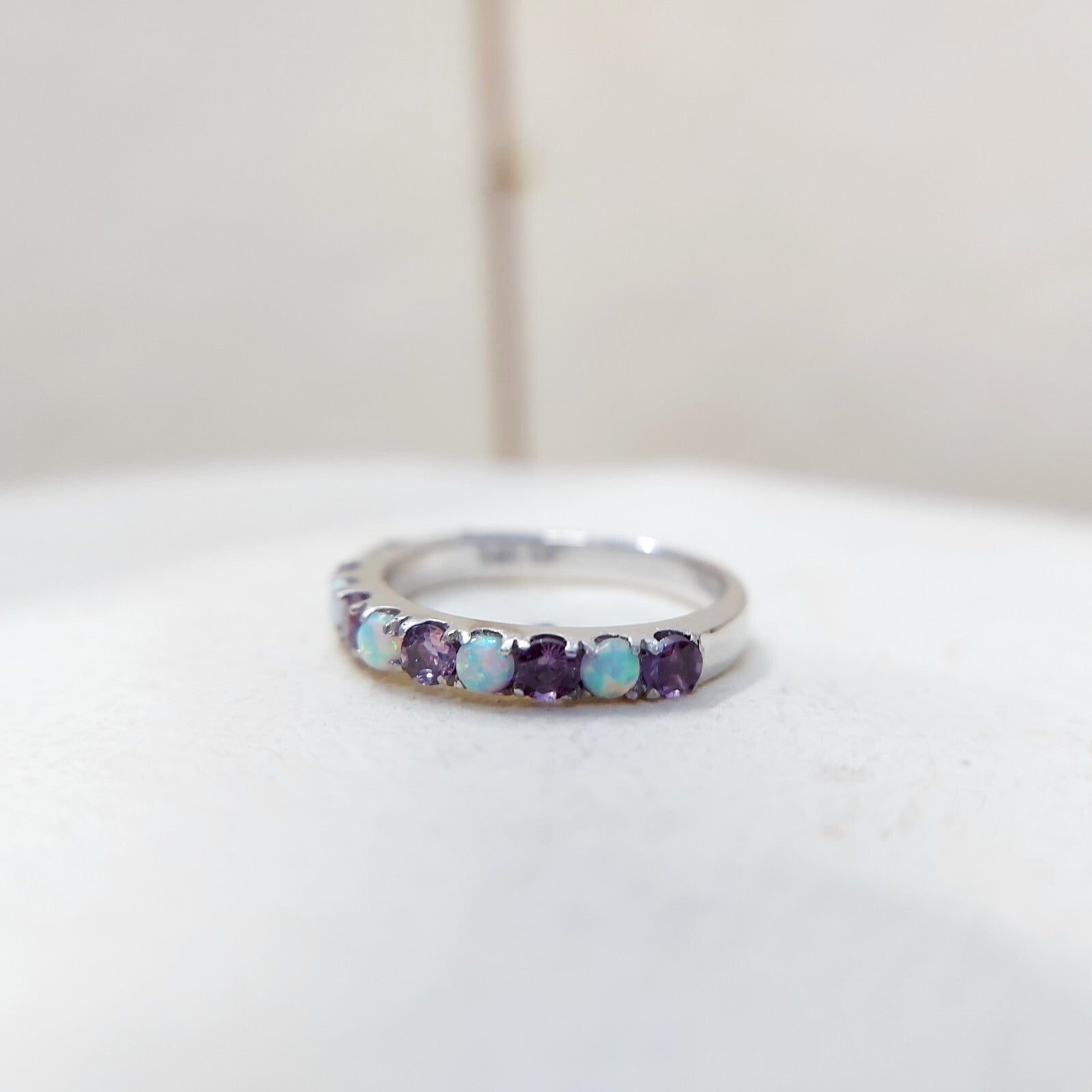 Fire Opal Amethyst Ring Genuine Silver Half Eternity Band Handmade Women US5~15