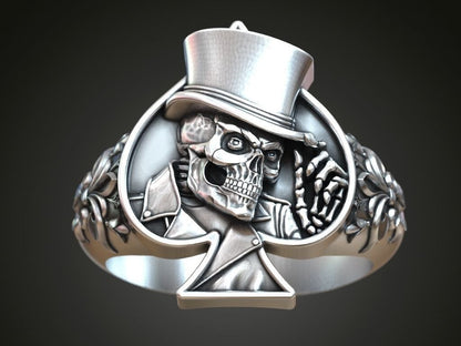 925 Silver Lucky Ace Spade Skull Hat Ring Casino Gothic Biker Poker Style US5~15