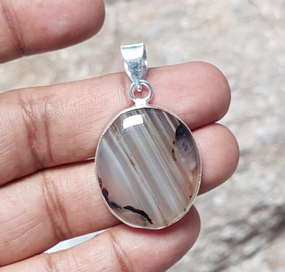 Oval Brown Banded Agate Gemstone 925 Sterling Silver Handmade Pendant Necklaces