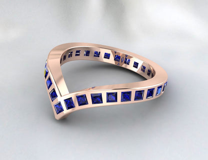 Princess Cut Blue Sapphire Wedding Band Fine Silver Lab Created Curved Band