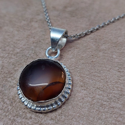 925 Sterling Silver Round Shape Brown Agate Pendant Only Pendant For Women