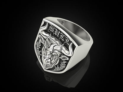 925 Silver Zodiac Taurus Bull Head Signet Ring For Men US5~15 Biker Jewelry Ring