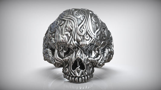 925 Sterling Silver Skull Head Sea Wave Ring US7~13 Oxidized Biker Rider Ring