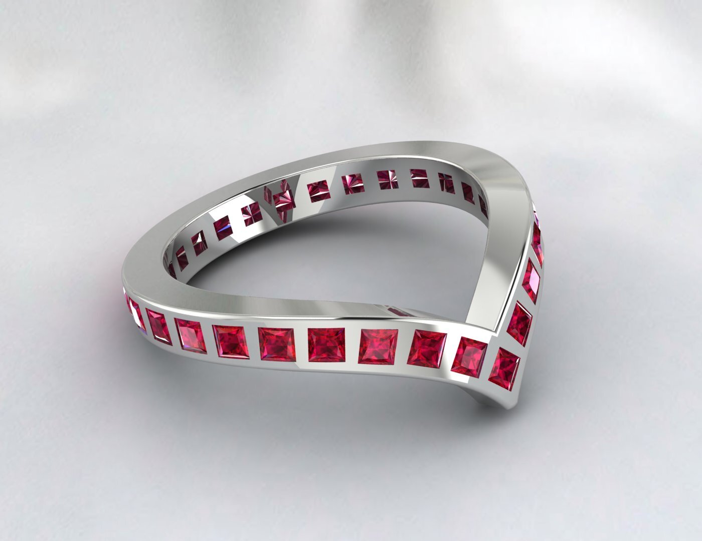 Princess Cut Red Ruby Wedding Band Fine Silver Lab Created Curved Band Bezal Set