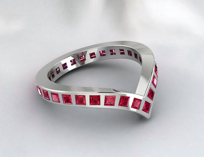 Princess Cut Red Ruby Wedding Band Fine Silver Lab Created Curved Band Bezal Set