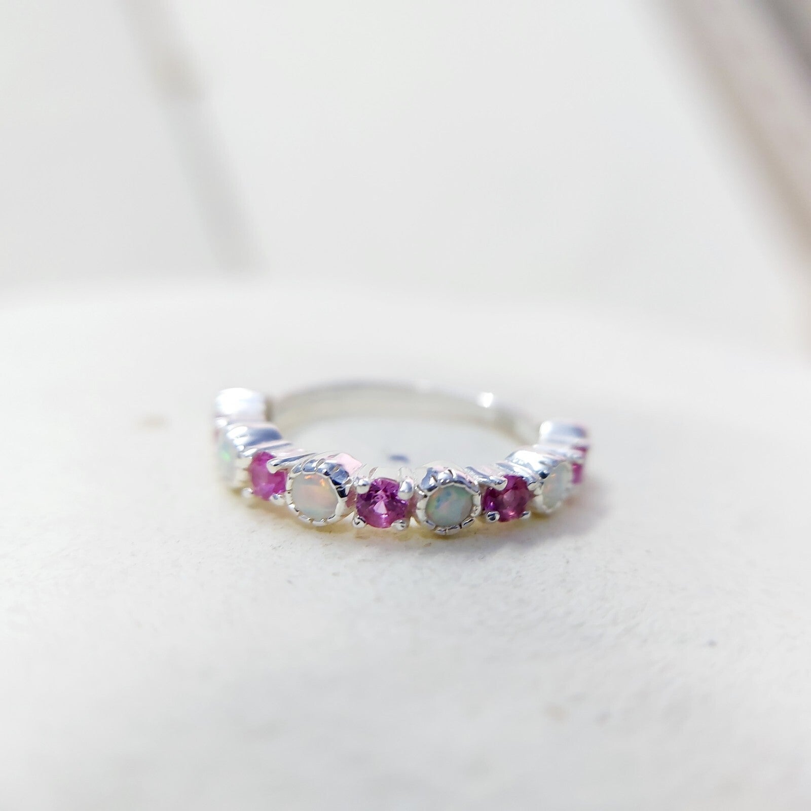 Opal and Ruby Wedding Ring Half Eternity Band Silver Stackable Band Gift Us5~ 15