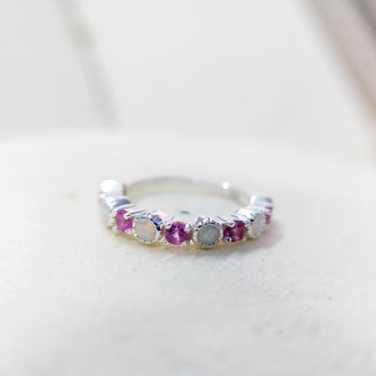 Opal and Ruby Wedding Ring Half Eternity Band Silver Stackable Band Gift Us5~ 15