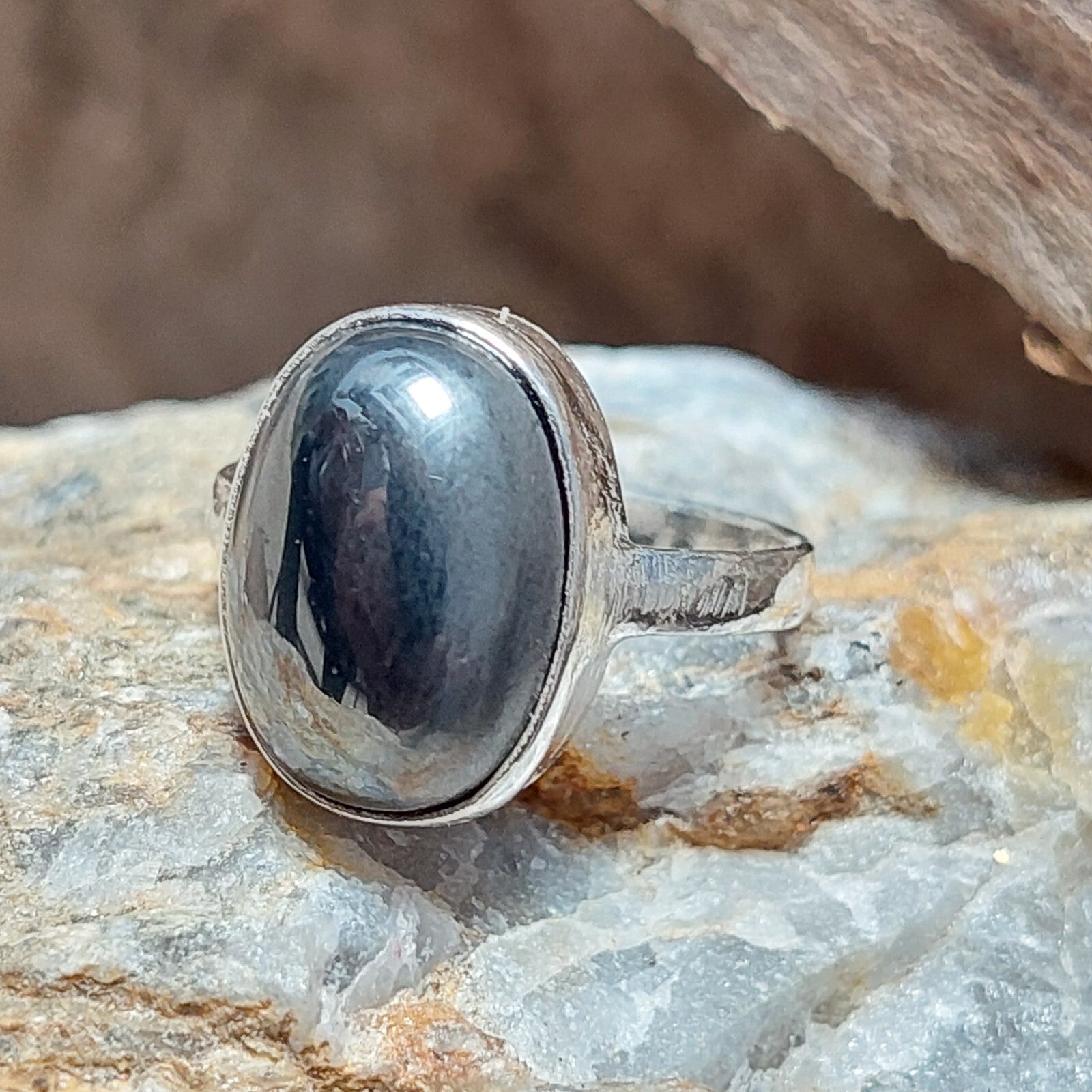 Oval Hematite 925 Sterling Silver Ring,Bezel Rings,Mirror,Chrome Color Stone