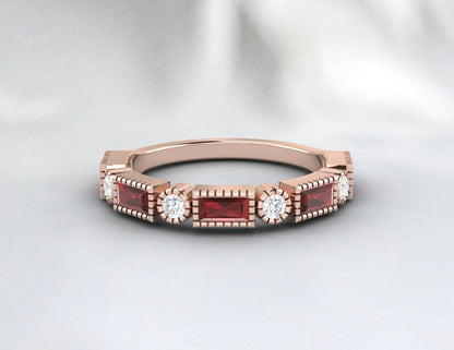 Natural Baguette Cut Red Garnet & Cubic Zirconia Half Eternity Fine Silver Band