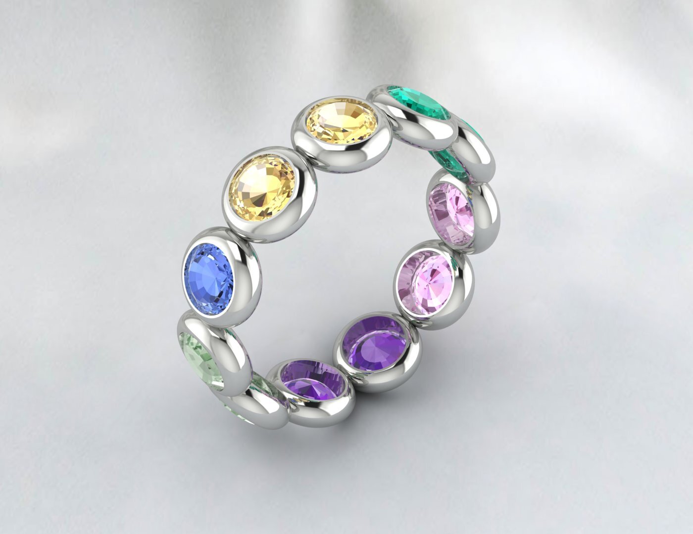 Natural Round Multi Gemstone Wedding Band Fine Silver Bezal Set Eternity Band