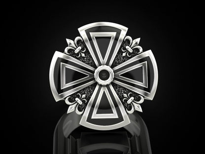 Silver Cross Ring Heraldic Lily Gothic Enamel US 5-15 Unisex Jewelry Women Men