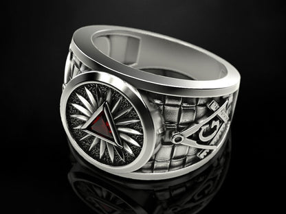 Mens Freemason Ring 925 Silver Garnet Handmade Masonic Jewelry US5-15 Gift Ring