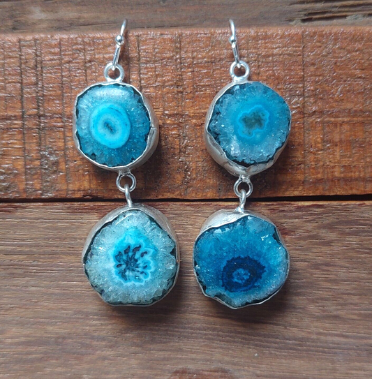 Blue Solar Quartz 925 Sterling Silver Earrings Solar Druzy Gemstone Earrings