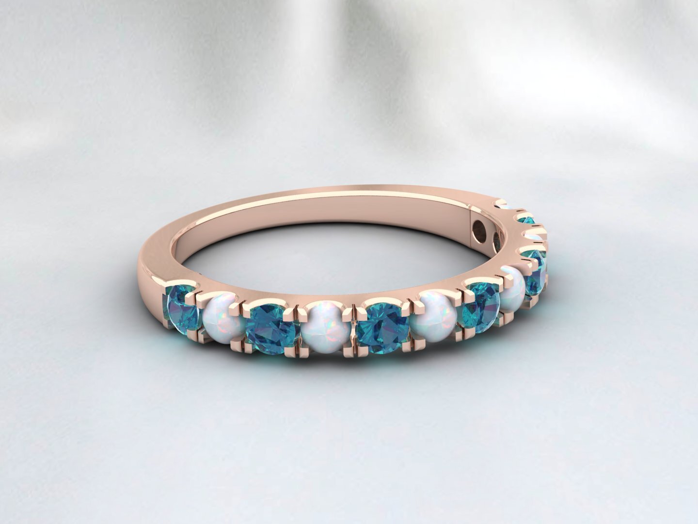 Natural Round Opal And London Blue Topaz Half Eternity Band Fine Silver Band