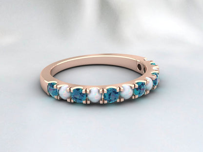 Natural Round Opal And London Blue Topaz Half Eternity Band Fine Silver Band