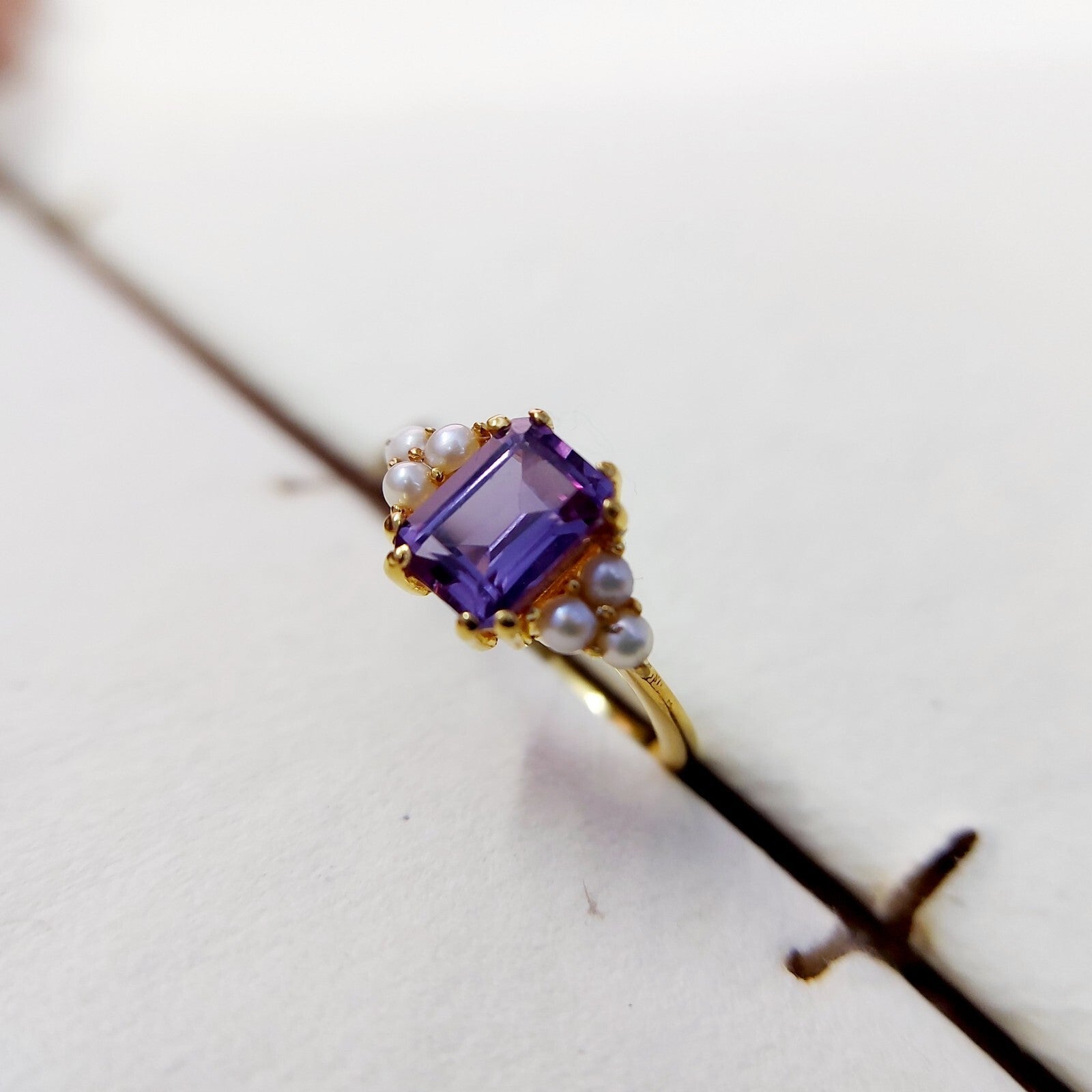 Emerald Cut Amethyst Pearl Ring 925 Silver Handmade Engagement Women Ring US5~15