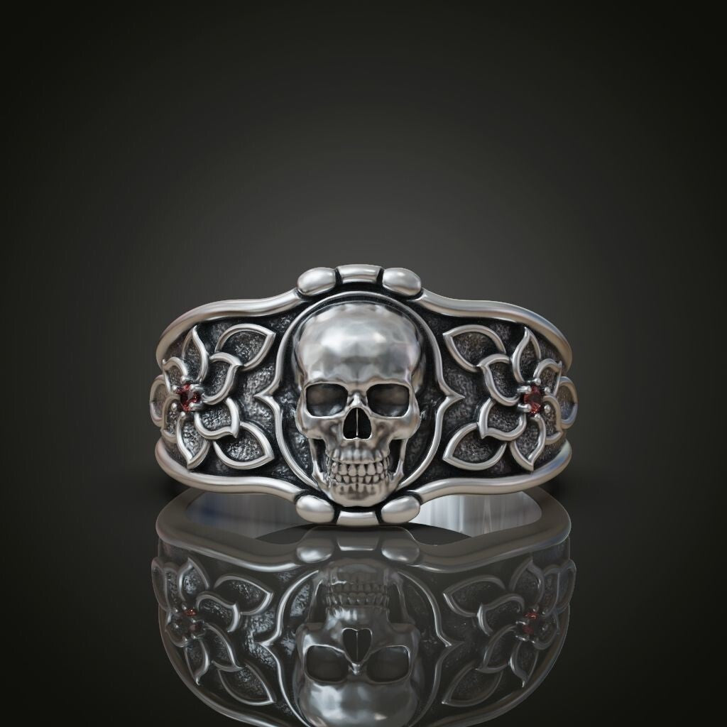 925 Sterling Silver Skull Flower Ring Handmade Biker Gothic Jewelry Ring US5 ~15
