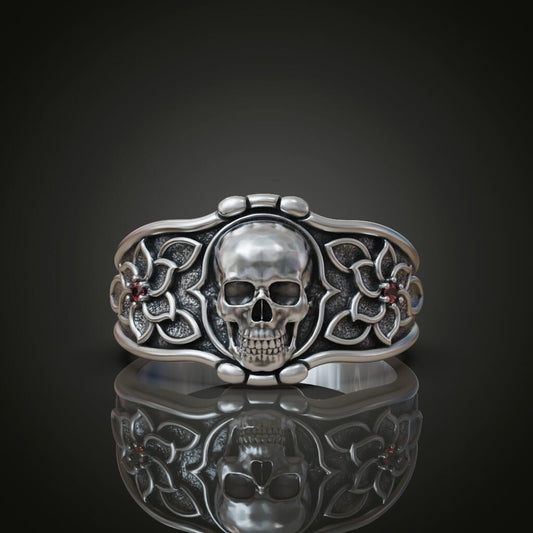 925 Sterling Silver Skull Flower Ring Handmade Biker Gothic Jewelry Ring US5 ~15