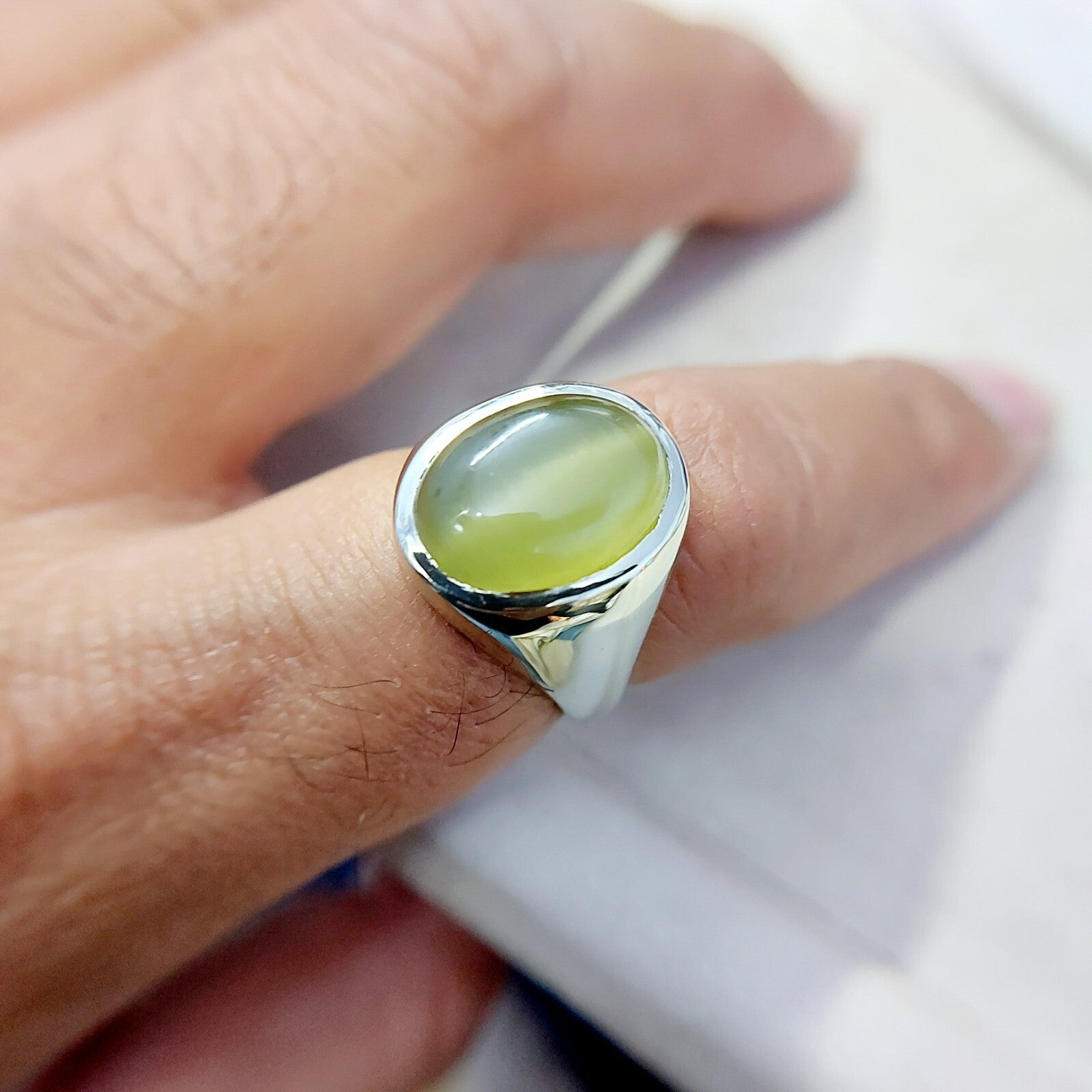 Yellow Cats Eye Chrysoberyl Ring Wide Band Handmade 925 Silver Men Ring US5~15