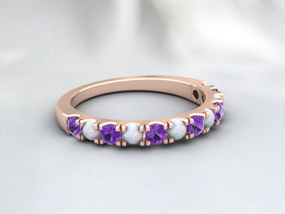 Natural Round Opal And Amethyst Half Eternity Band Fine Silver Wedding Band