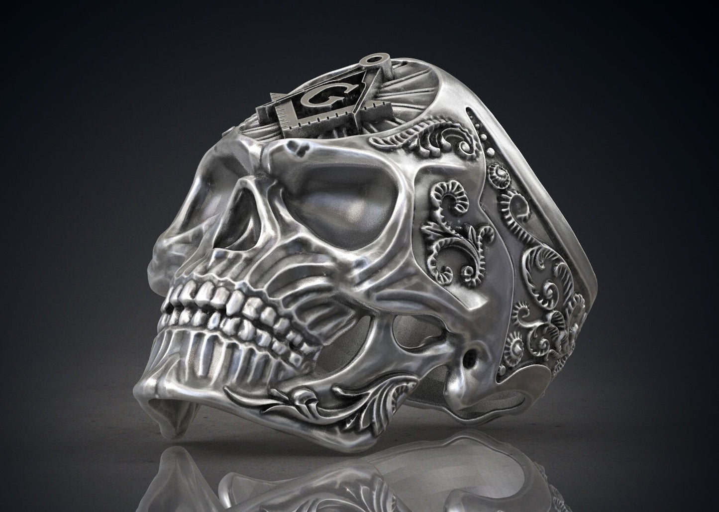 Masonic Skull Ring Oxidized Silver Gothic Freemason Biker Ring For Men US5-15