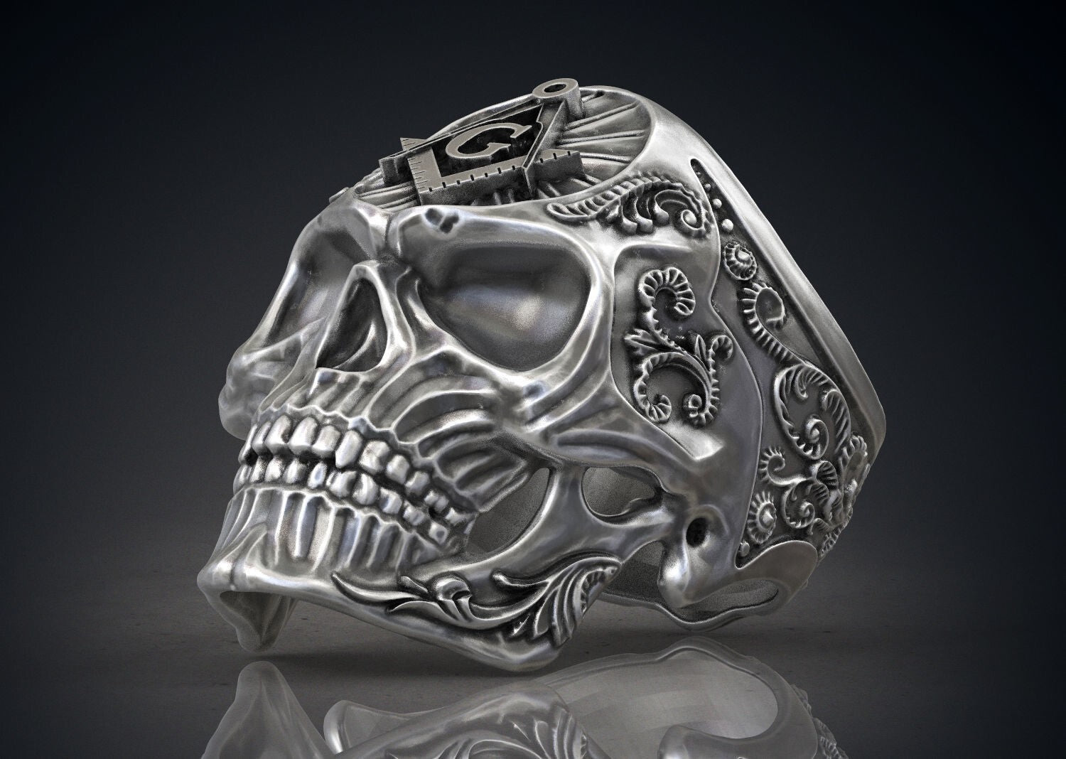 Masonic Skull Ring Oxidized Silver Gothic Freemason Biker Ring For Men US5-15