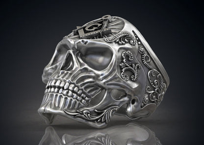 Masonic Skull Ring Oxidized Silver Gothic Freemason Biker Ring For Men US5-15