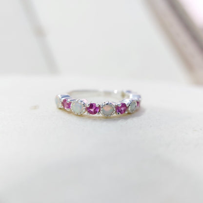 Opal and Ruby Wedding Ring Half Eternity Band Silver Stackable Band Gift Us5~ 15