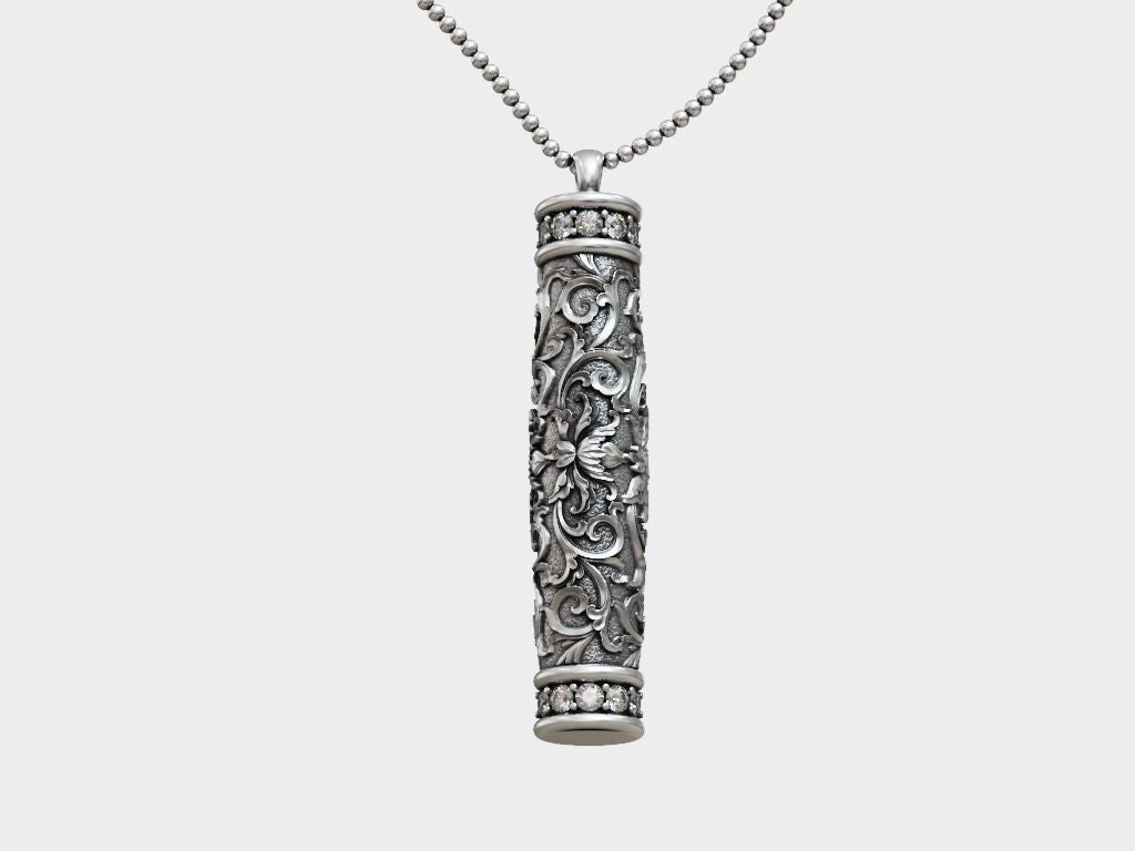 Silver Tube Floral Pattern Pendant Antique Flower Bottle Shape Necklace Gift
