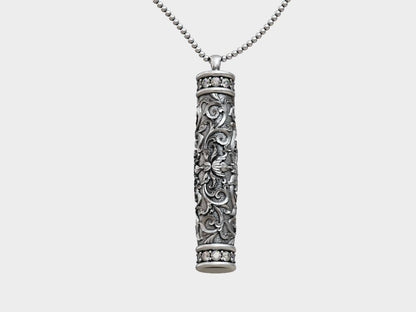 Silver Tube Floral Pattern Pendant Antique Flower Bottle Shape Necklace Gift