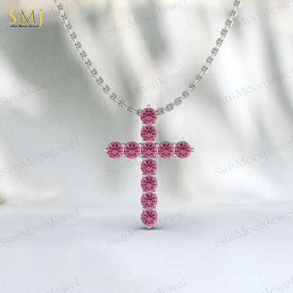 925 Silver Natural Pink Tourmaline Cross Necklace Pendant December Birthstone