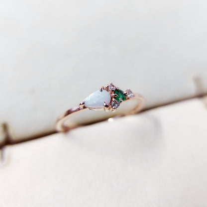 Pear Opal and Round Emerald Cluster Ring Silver Vintage Engagement Band Us5~ 15