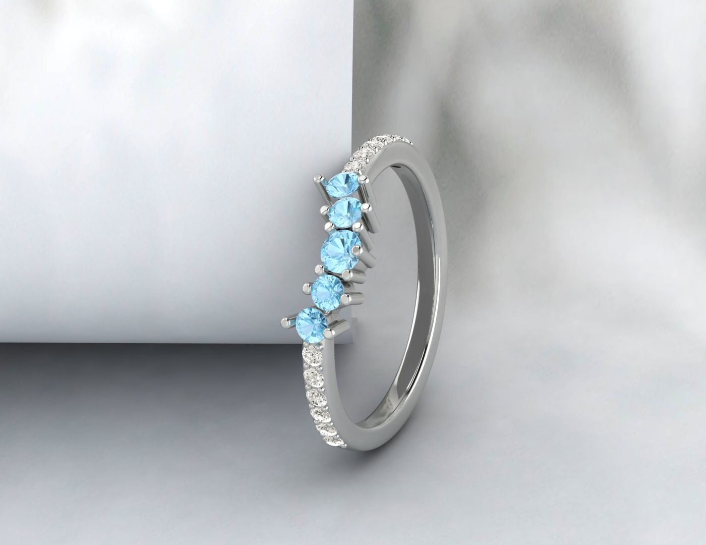 Natural Blue Aquamarine Curved Wedding Band Half Eternity Fine Silver 5 Gemstone